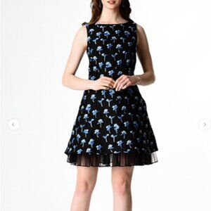 eShakti Black Mini Dress with Blue Floral Embroidery